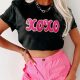 Chic Black Glitter "xoxo" Graphic Chenille Valentine's Day Tee